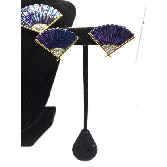 Butler Signed Rare Purple Abalone Shell Fan Brooch and Clip Earring Set Vintage - Picture 7 of 7